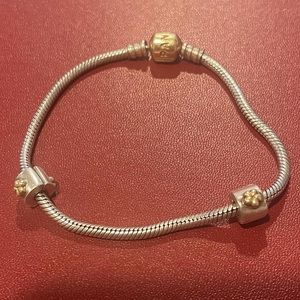 Pandora SS Bracelet with 14K gold clasp and two SS and 14K flower clips